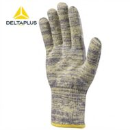 Camouflage-knit work glove with a yellow cuff and the DeltaPlus logo nearby