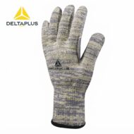 Protective work glove with a knit beige-gray camo pattern and DeltaPlus logo on the back of the hand