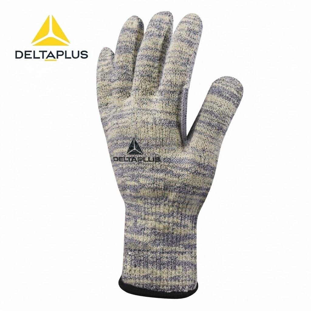 Protective work glove with a knit beige-gray camo pattern and DeltaPlus logo on the back of the hand