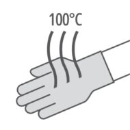 Hand in a cuff touching a hot surface with steam lines and 100°C above it, signaling extreme heat exposure