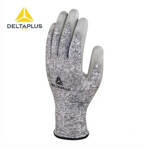 Grey speckled safety glove by Deltaplus with logo on the back of the hand and a black cuff detail at the wrist.
