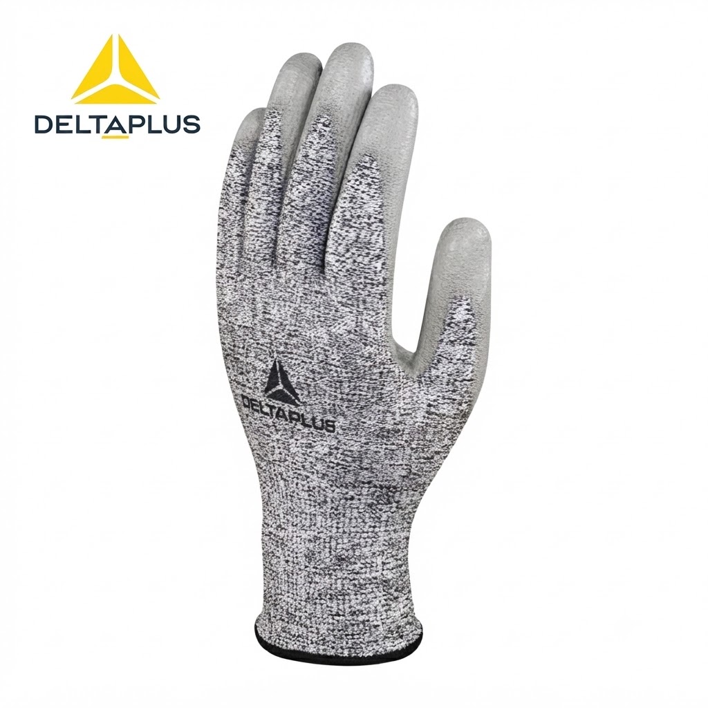 Grey speckled safety glove by Deltaplus with logo on the back of the hand and a black cuff detail at the wrist.