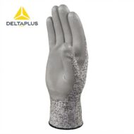 Industrial safety glove displayed upright with textured gray palm and cuff; Deltaplus logo appears in the top-left corner.