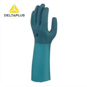 Teal protective glove with textured palm and long cuff, DeltaPlus logo visible on the wrist area.