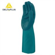 Teal rubber protective glove raised upright with DeltaPlus logo at top-left.