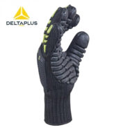 Protective black work glove with textured grip on fingertips and neon yellow accents, accompanied by the Deltaplus logo