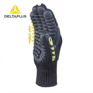 Deltaplus black safety glove with textured palm grip and yellow accents on the fingers and pull-tab detail