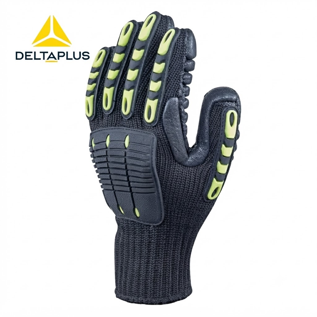 DeltaPlus protective work glove with neon green grip pads and knuckle protection.