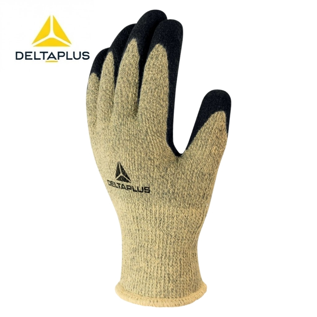Beige knit work glove with black-coated fingertips and DeltaPlus branding on the back of the hand.