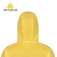 Back view of a yellow disposable protective coverall hood with DeltaPlus logo in the top-left corner.