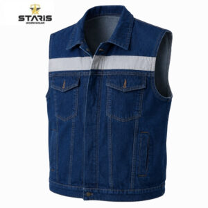 Sleeveless blue denim work vest with a white reflective stripe across the chest and two front pockets, brand logo in corner.