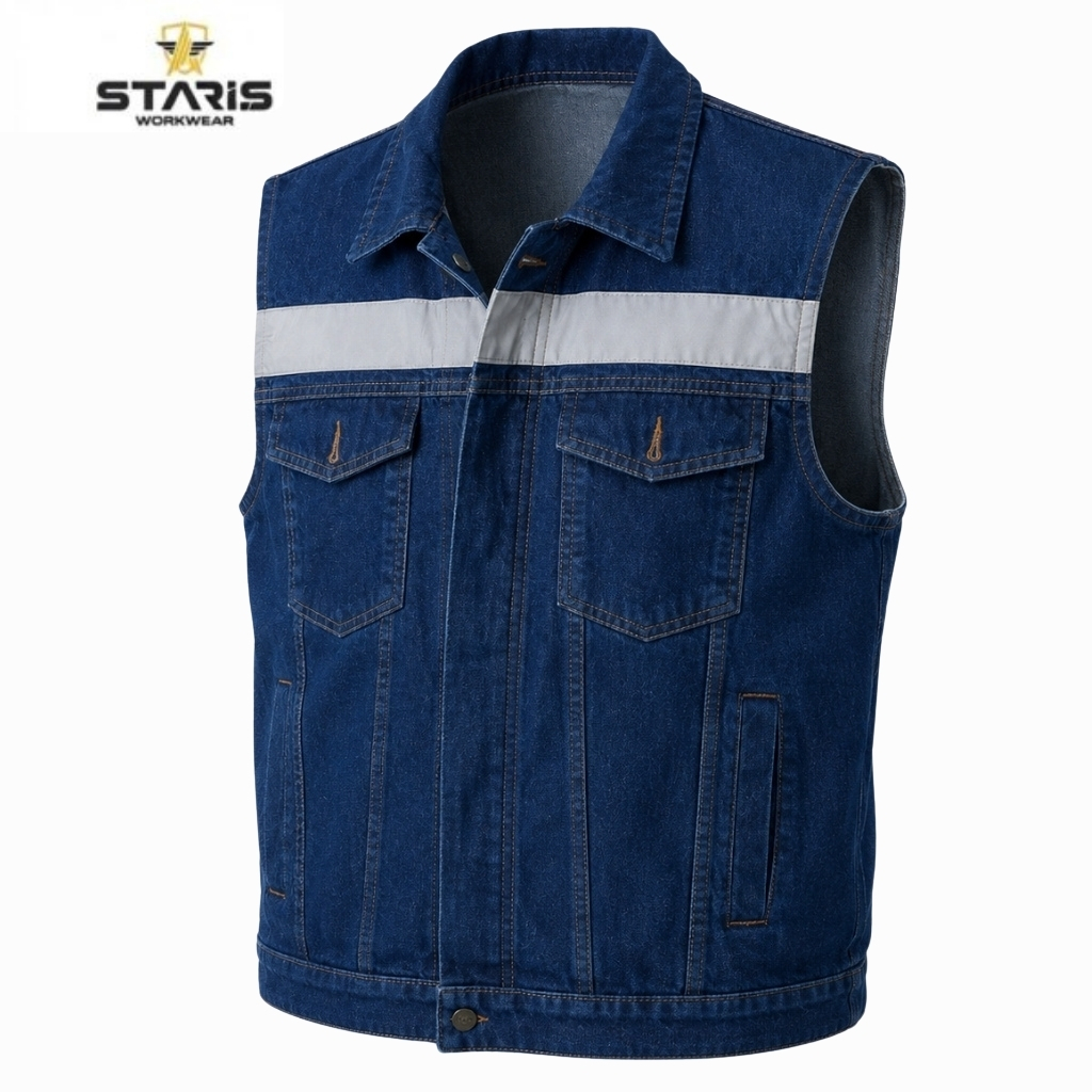 Sleeveless blue denim work vest with a white reflective stripe across the chest and two front pockets, brand logo in corner.