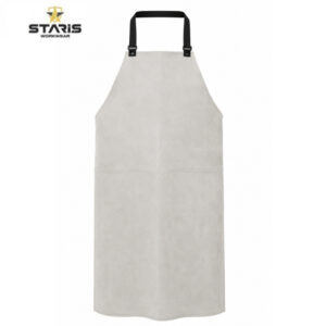 Gray full-length kitchen apron with a black adjustable neck strap and white stitching detail at the waist seam