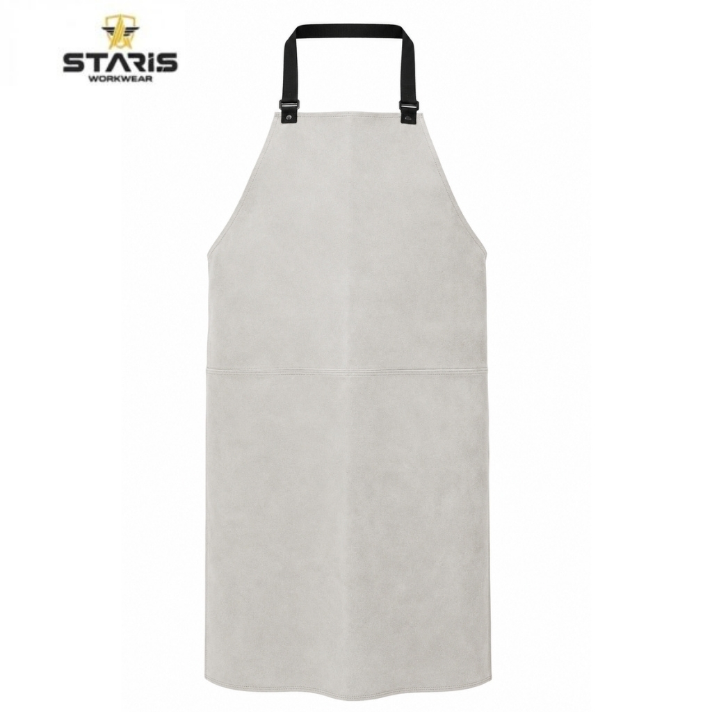 Gray full-length kitchen apron with a black adjustable neck strap and white stitching detail at the waist seam