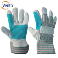 Teal and light gray work gloves with pink stitching, laid flat beside each other, Vento logo in the top-left corner.