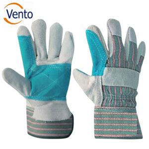 Teal and light gray work gloves with pink stitching, laid flat beside each other, Vento logo in the top-left corner.
