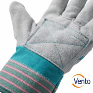 Close-up of a gray work glove with a turquoise cuff and teal stitching; Vento logo visible in the bottom right corner.