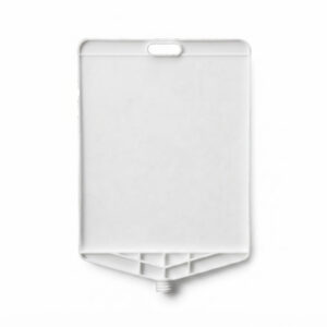 White rectangular plastic dispenser unit with a small threaded outlet at the bottom center and a handle cutout at the top edge (no labels).