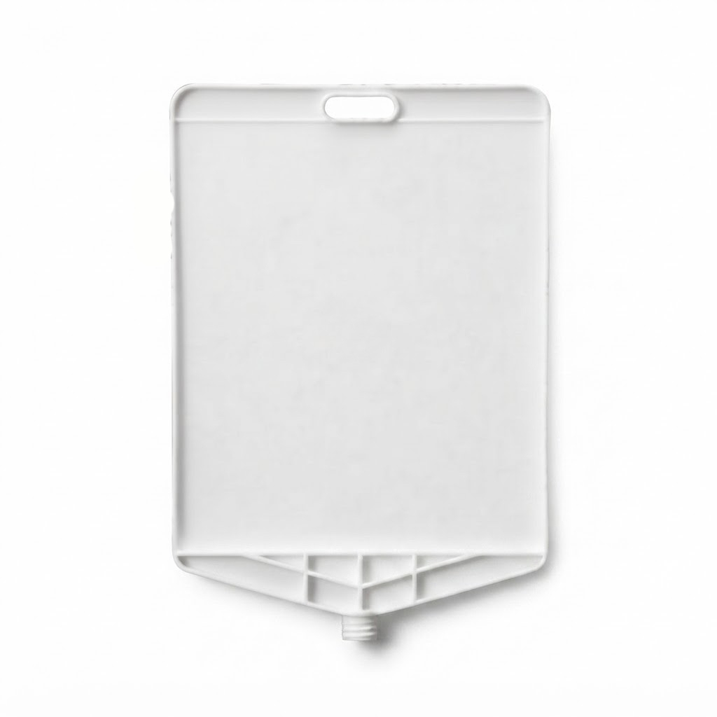 White rectangular plastic dispenser unit with a small threaded outlet at the bottom center and a handle cutout at the top edge (no labels).