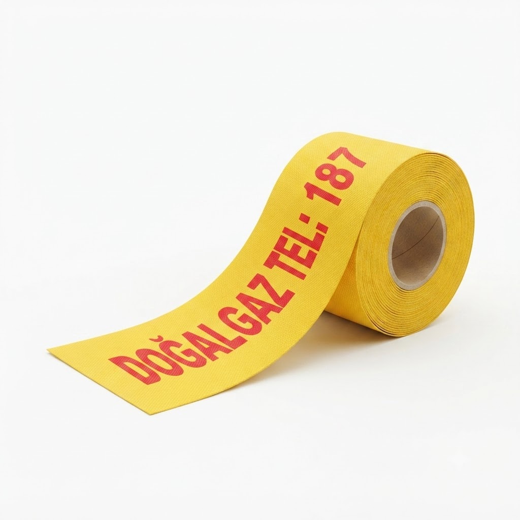 Yellow caution tape roll with red Turkish text 'DOĞALGAZ TEL-187' indicating natural gas emergency contact.