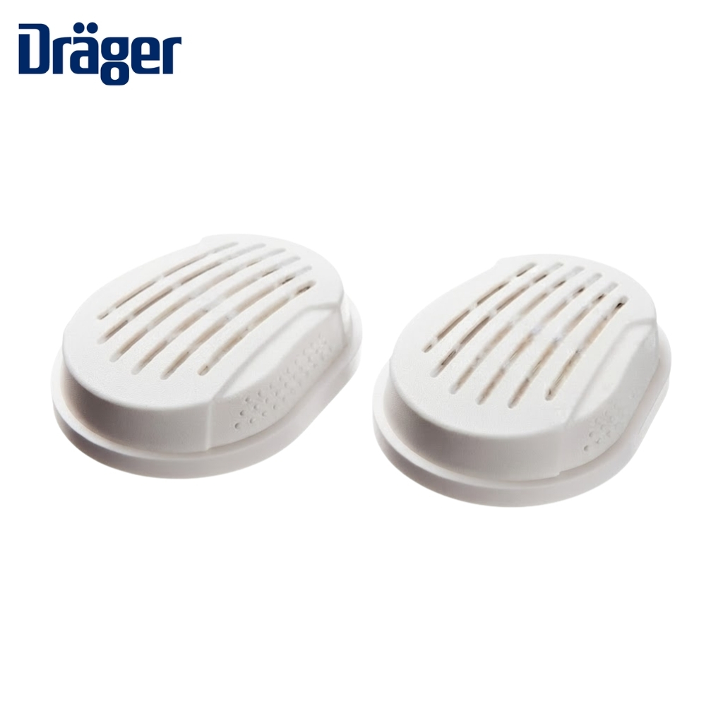 Two white oval vented covers with slotted grills on a white background, Dräger logo in the top-left corner.