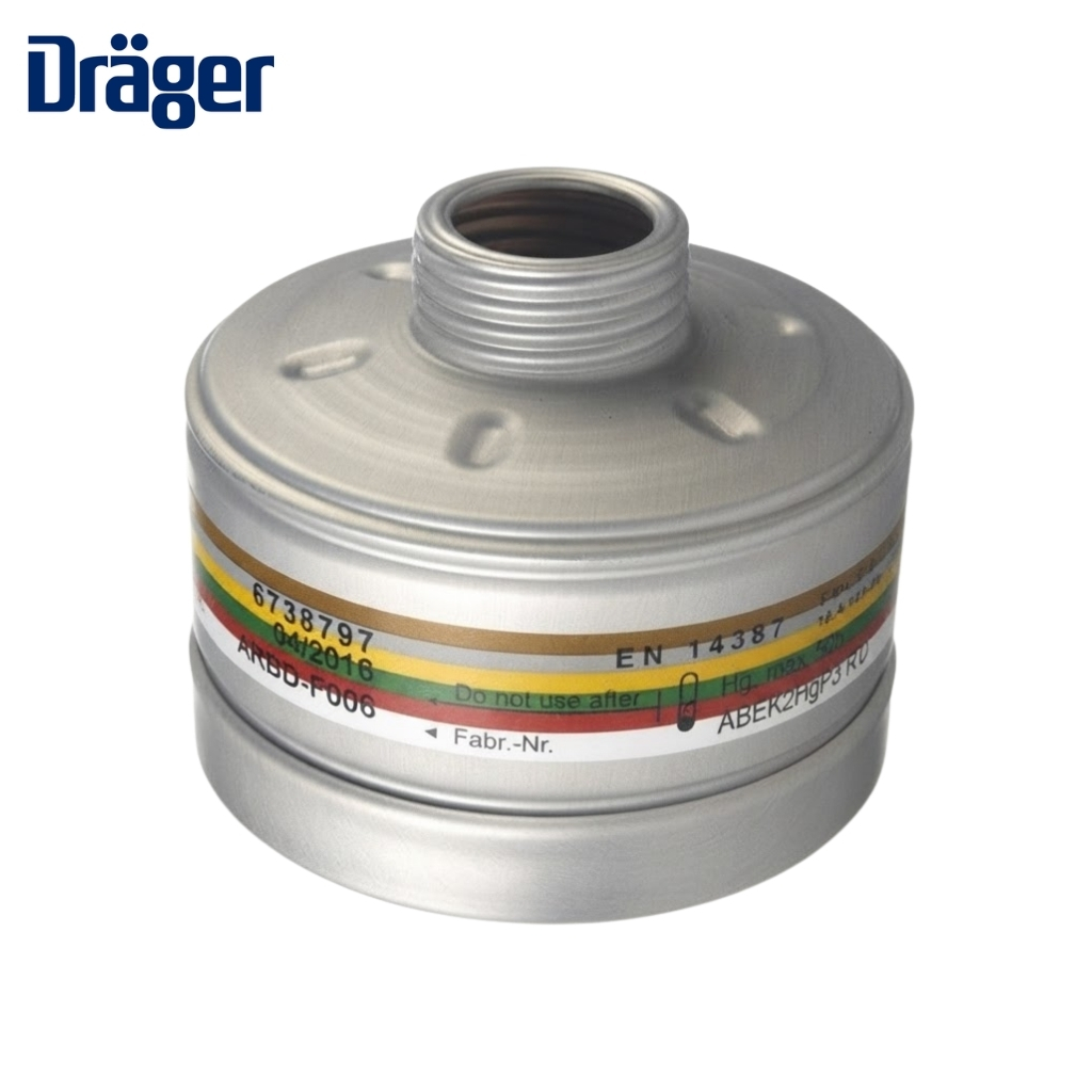 Dräger gas cylinder with threaded valve, metal body and color‑coded label.