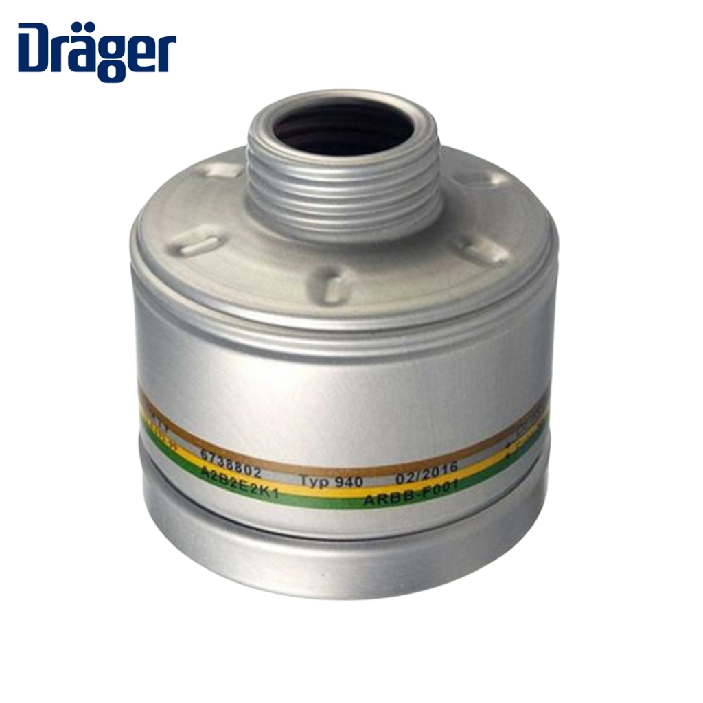 Dräger metal gas canister with threaded neck and color-coded label around the body. Probably a regulator/component from a gas system.