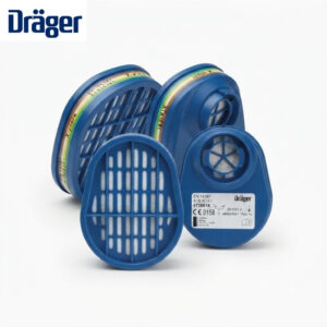 Pair of blue Dräger respirator filter cartridges with white pleated filter media and yellow-green bands at the rim, branding visible in corner.