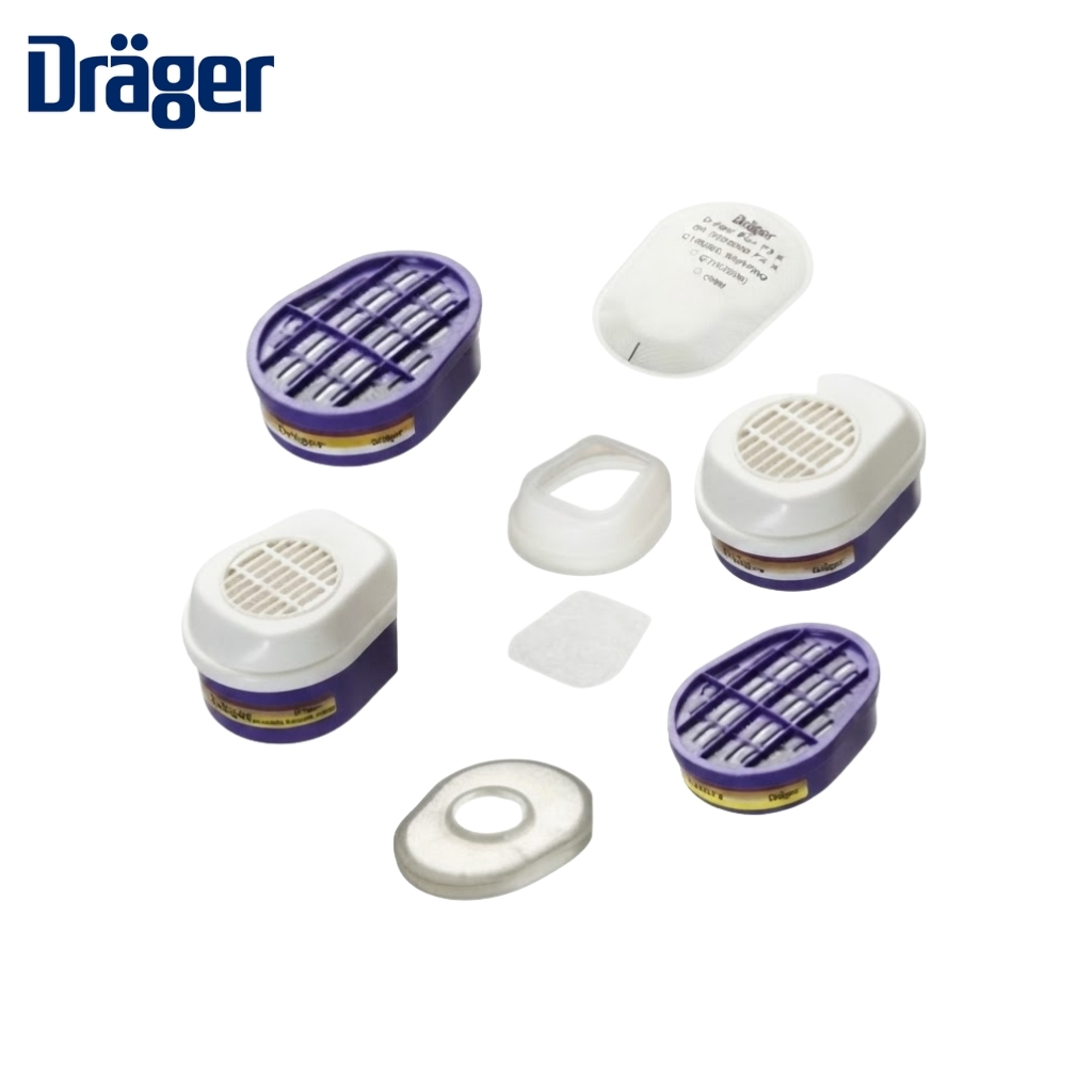Dräger logo in blue on the left with several white and purple respirator filter cartridges scattered on a white background; parts and seals are shown.