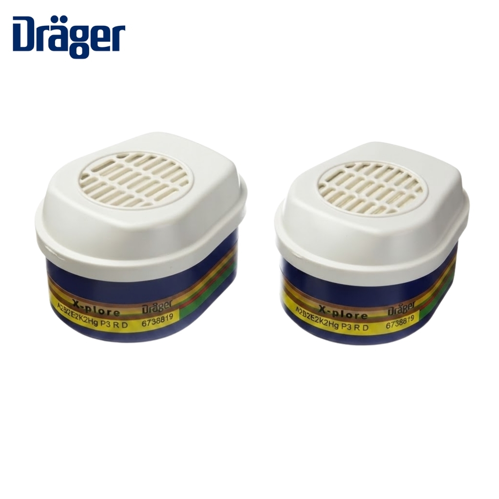 Two Draeger X-plore P3RD gas filter cartridges with white tops and blue bodies, logo visible in background on white surface.