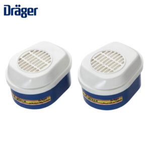 Pair of white and blue Dräger respirator filter cartridges with circular grille openings, placed side by side (logo visible on left).