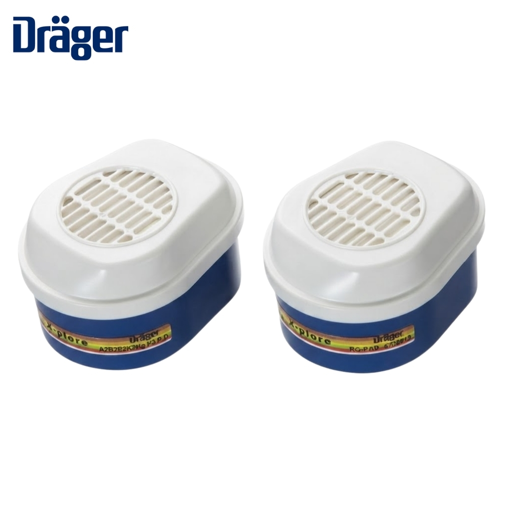Pair of white and blue Dräger respirator filter cartridges with circular grille openings, placed side by side (logo visible on left).