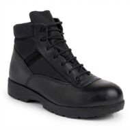 Black tactical ankle boot with lace-up front and rugged sole on a white background