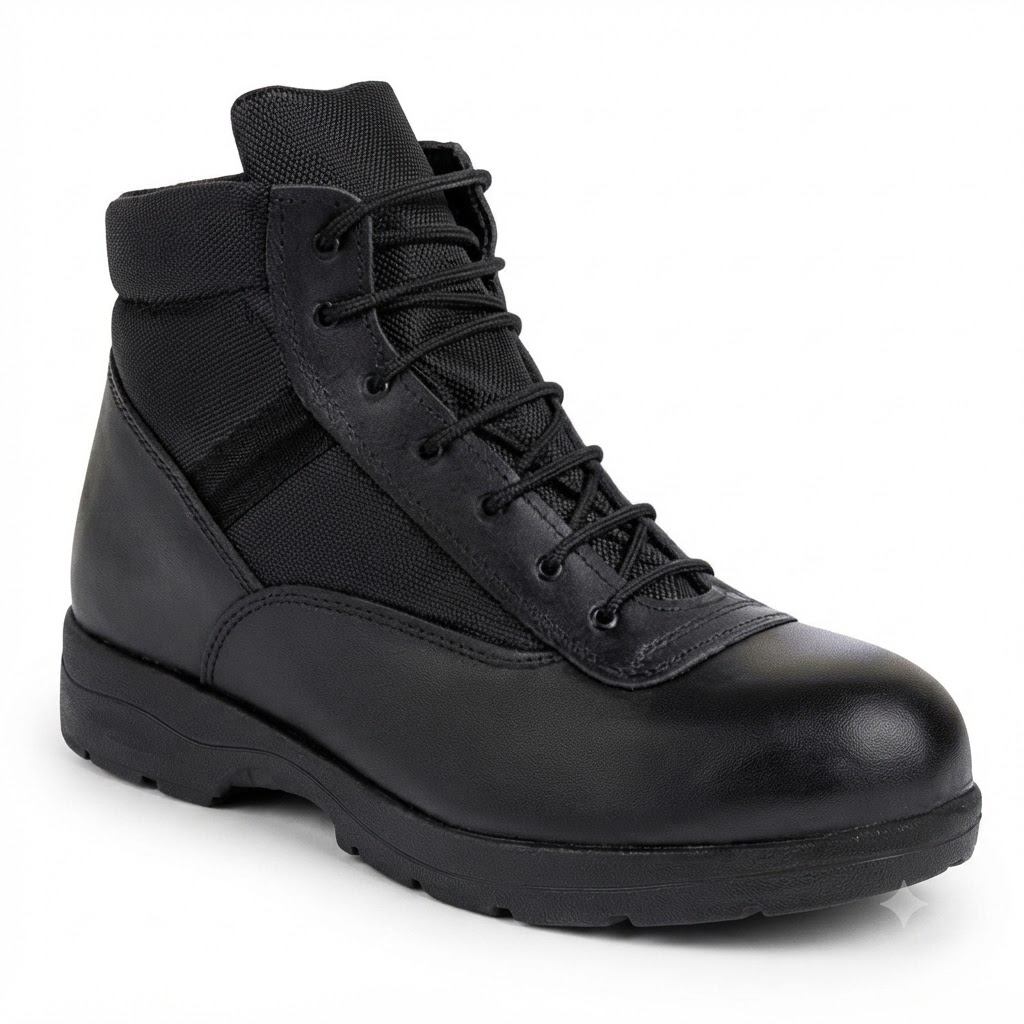 Black tactical ankle boot with lace-up front and rugged sole on a white background