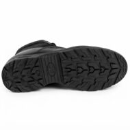 Bottom view of a black boot showing a rugged, deep-tread outsole designed for grip.
