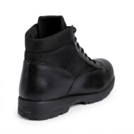 Black ankle boot with lace-up front and rugged, treaded sole photographed from the back/side.