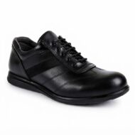 Black leather lace-up shoe with subtle stitched panels on a white background.