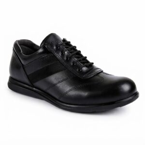 Black leather lace-up shoe with subtle stitched panels on a white background.