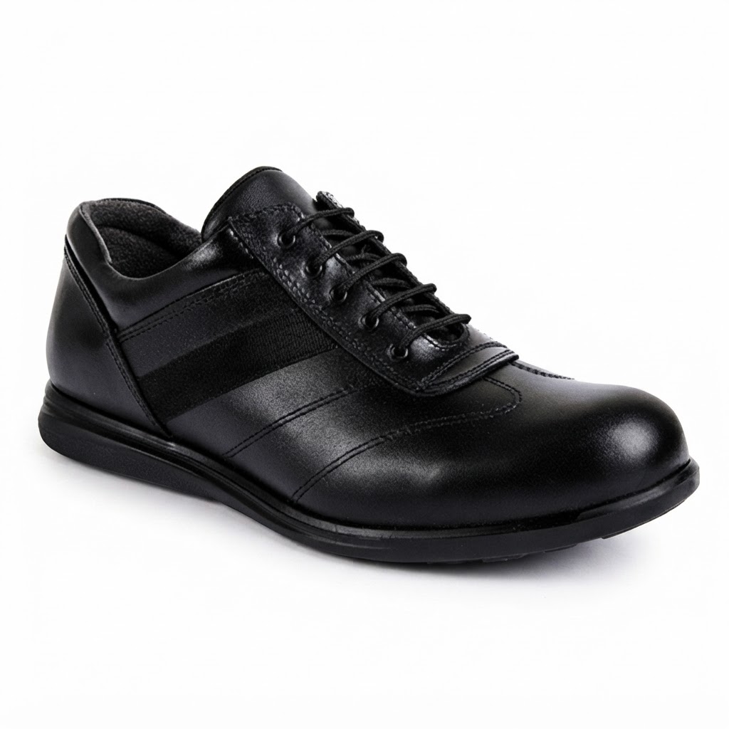 Black leather lace-up shoe with subtle stitched panels on a white background.