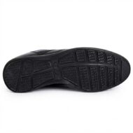 Black rubber shoe sole with multi-segment tread patterns for traction, shown from bottom view.
