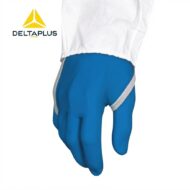 Blue protective glove worn on a hand, with a white sleeve and DeltaPlus logo in the top-left corner, branding visible on a white background.