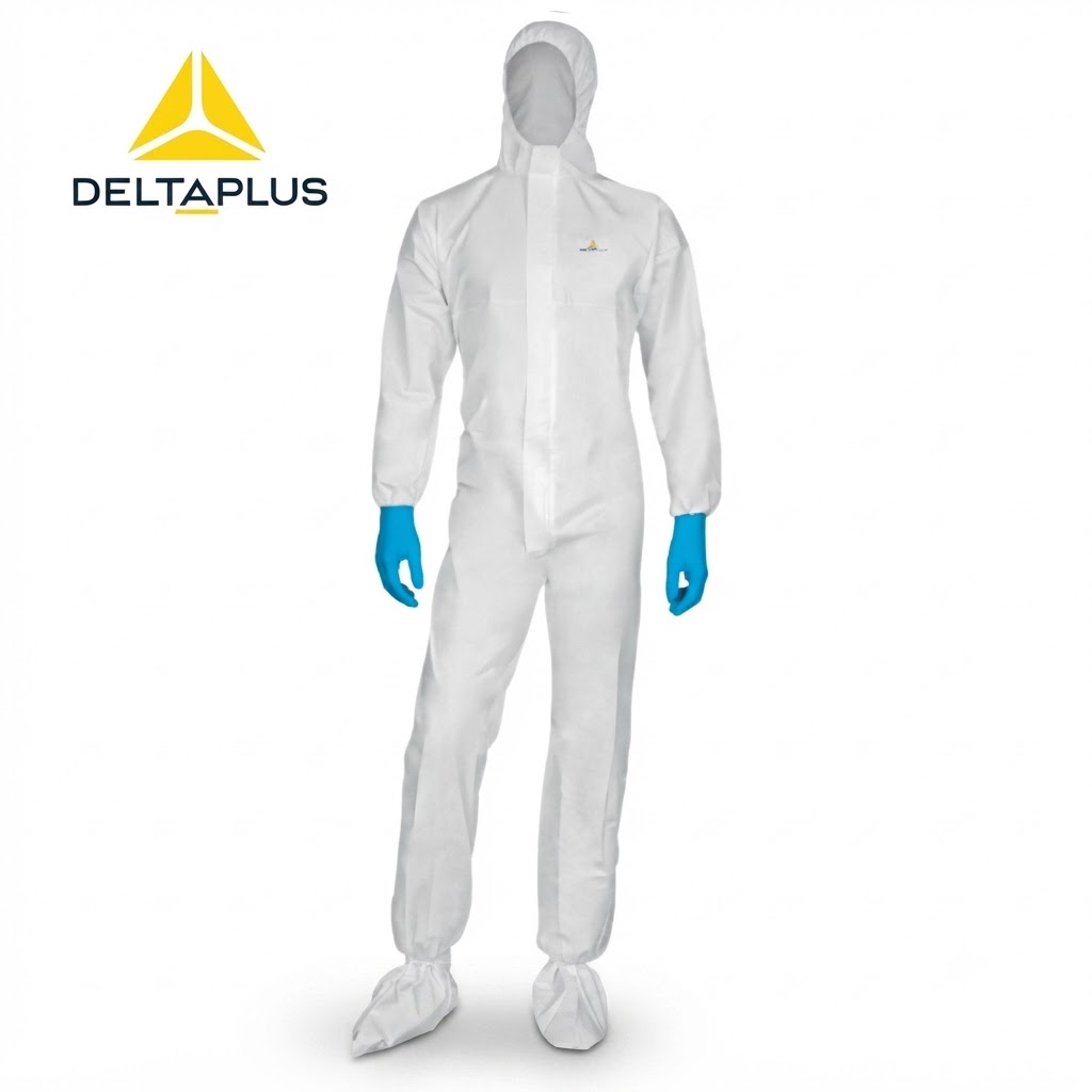 White hooded protective coverall with blue gloves and boot covers, DeltaPlus branding in the corner.