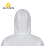 Back view of a white hooded protective garment with the Delta Plus logo in the top-left corner.