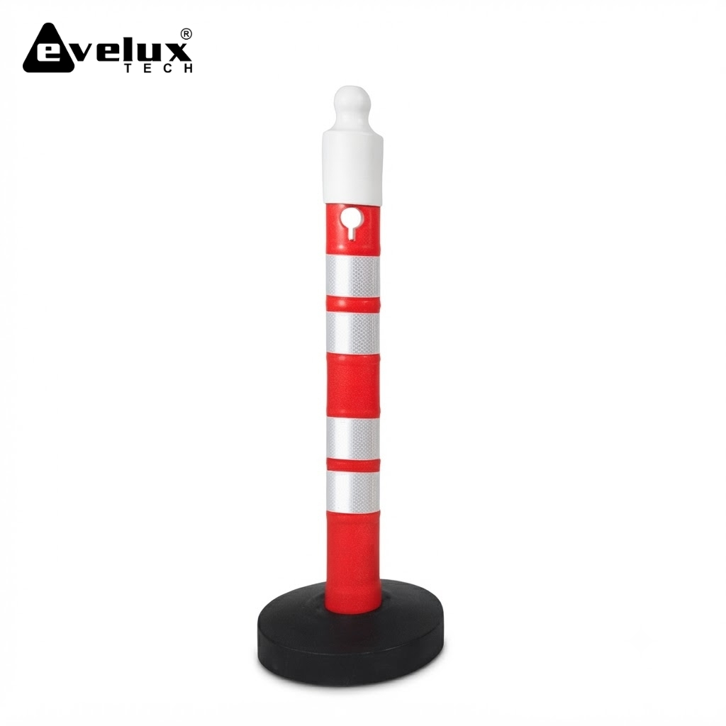 Red-and-white reflective safety delineator post standing on a round black base, used to mark hazards or guide traffic.