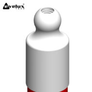 3D white bottle with a threaded neck and red base, Evelux Tech logo in the top-left corner