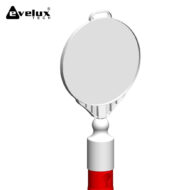 Round magnifying mirror mounted on a white stand with a red base; Evelux Tech logo in the top-left corner.