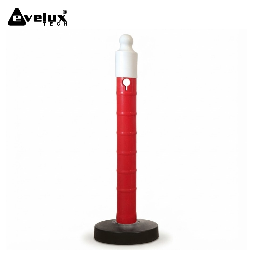 Red segmented post with a white rounded cap atop a black circular base, against a white background; Evelux Tech branding visible in the top-left corner.