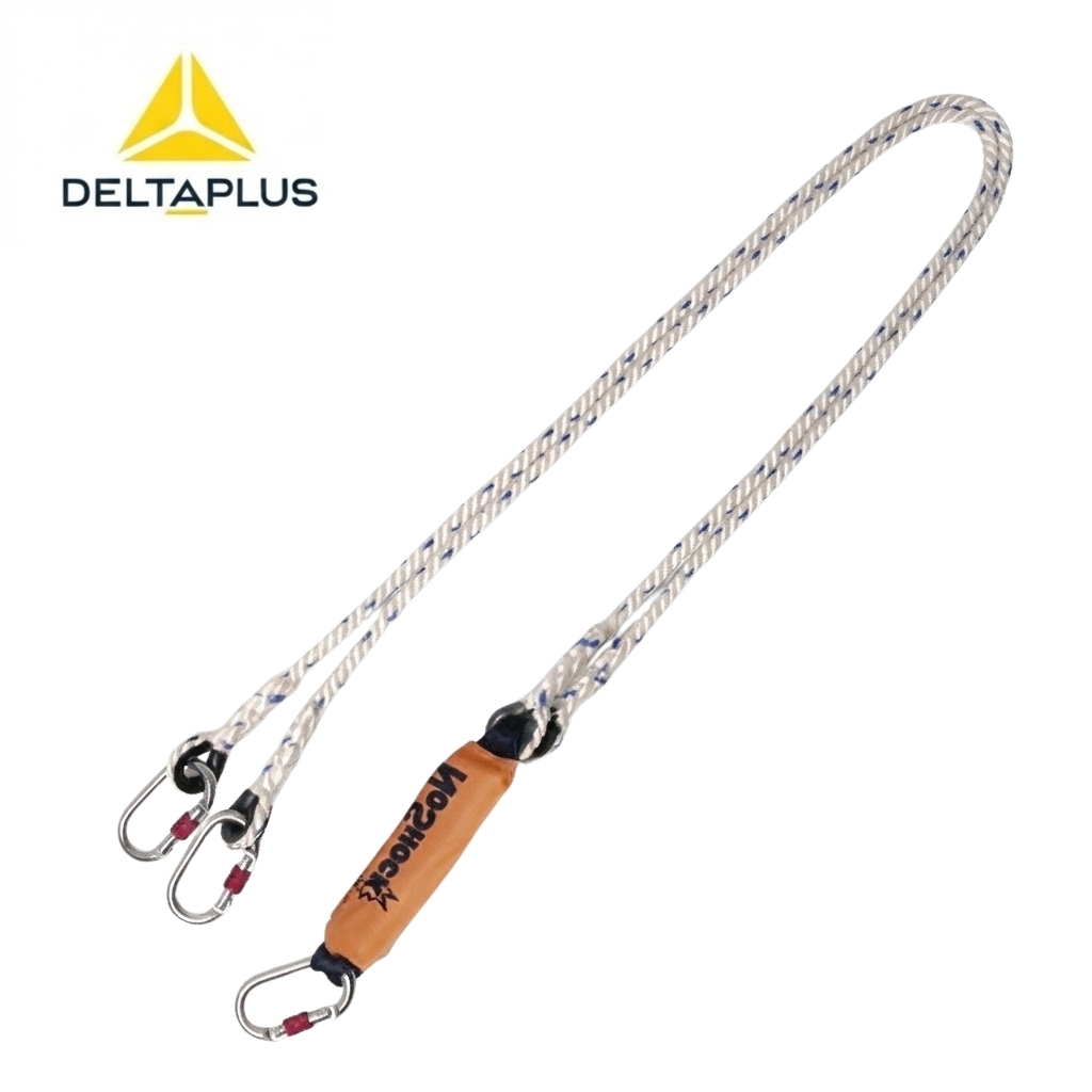 Dual-carabiner rope lanyard with orange energy-absorber sleeve (DeltaPlus logo in corner). Versatile safety gear for fall protection or climbing.