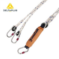 DeltaPlus safety rope with metal carabiners and orange protective sleeve, used for fall arrest equipment.