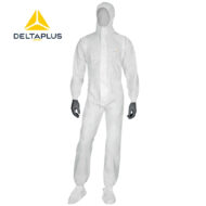 Full-body white protective coverall with hood and boot covers, Delta Plus logo in the corner